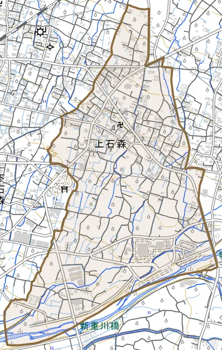 上石森とその周辺の地図。町の範囲を重ねている