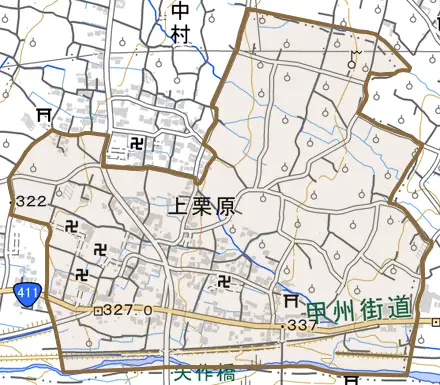 上栗原とその周辺の地図。町の範囲を重ねている