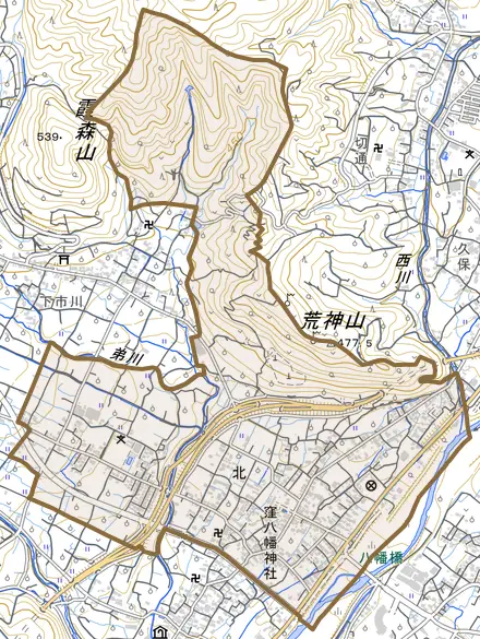 北とその周辺の地図。町の範囲を重ねている