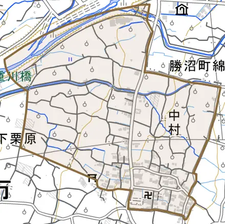 中村とその周辺の地図。町の範囲を重ねている