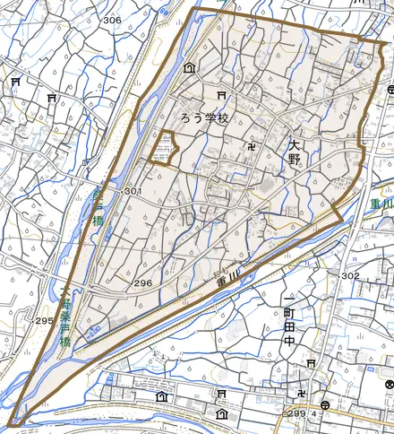 大野とその周辺の地図。町の範囲を重ねている