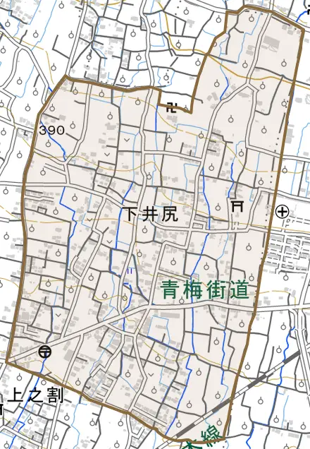 下井尻とその周辺の地図。町の範囲を重ねている