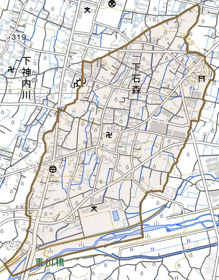 下石森とその周辺の地図。町の範囲を重ねている