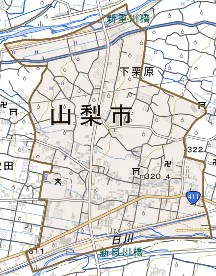 下栗原とその周辺の地図。町の範囲を重ねている