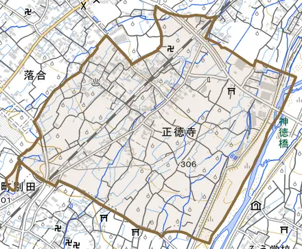 正徳寺とその周辺の地図。町の範囲を重ねている