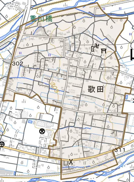 歌田とその周辺の地図。町の範囲を重ねている