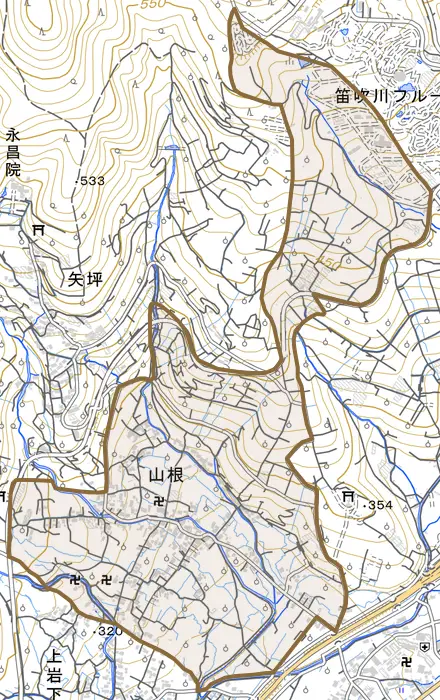 山根とその周辺の地図。町の範囲を重ねている