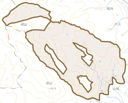 矢坪とその周辺の地図。町の範囲を重ねている